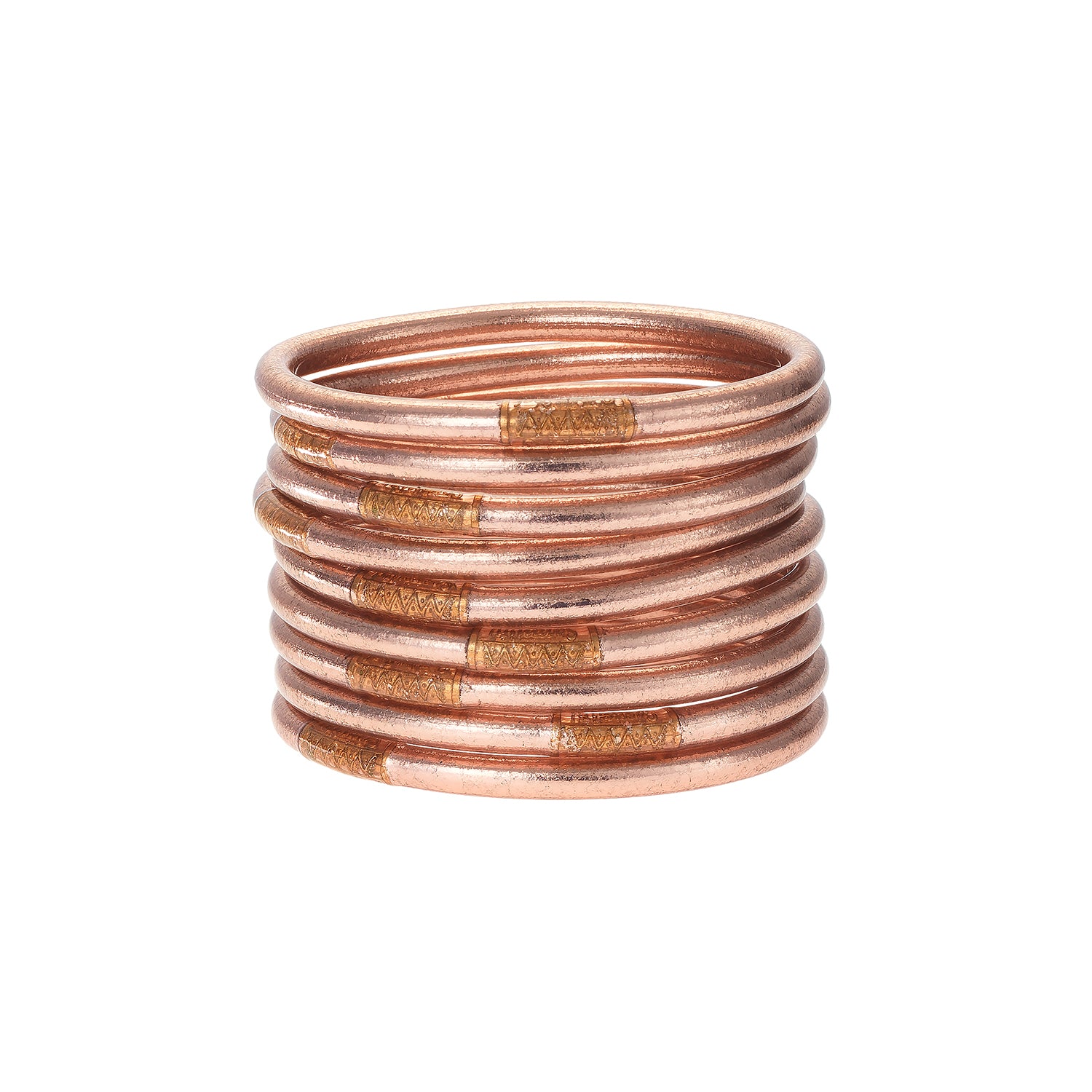 You can wear your All Weather Gold Bangles anywhere without being afraid of tarnish or any kind of sound. These Gold All Weather Bangles are made with gold leaf suspended in flexible, polyvinyl carbonate rings, and then sealed with our exclusive BuDhaGirl Serenity Prayer bead.  Set of 9 bangles.