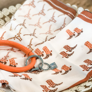 Texas silk scarf, with its hidden state design, will be as much a conversational piece as a wardrobe staple. Use is to adorn you handbag, tie it around your favorite jeans, wear it as a headband, the possibilities are endless! A great gift for yourself or someone else.  Choose from 2 styles: longhorns or Texas boots 