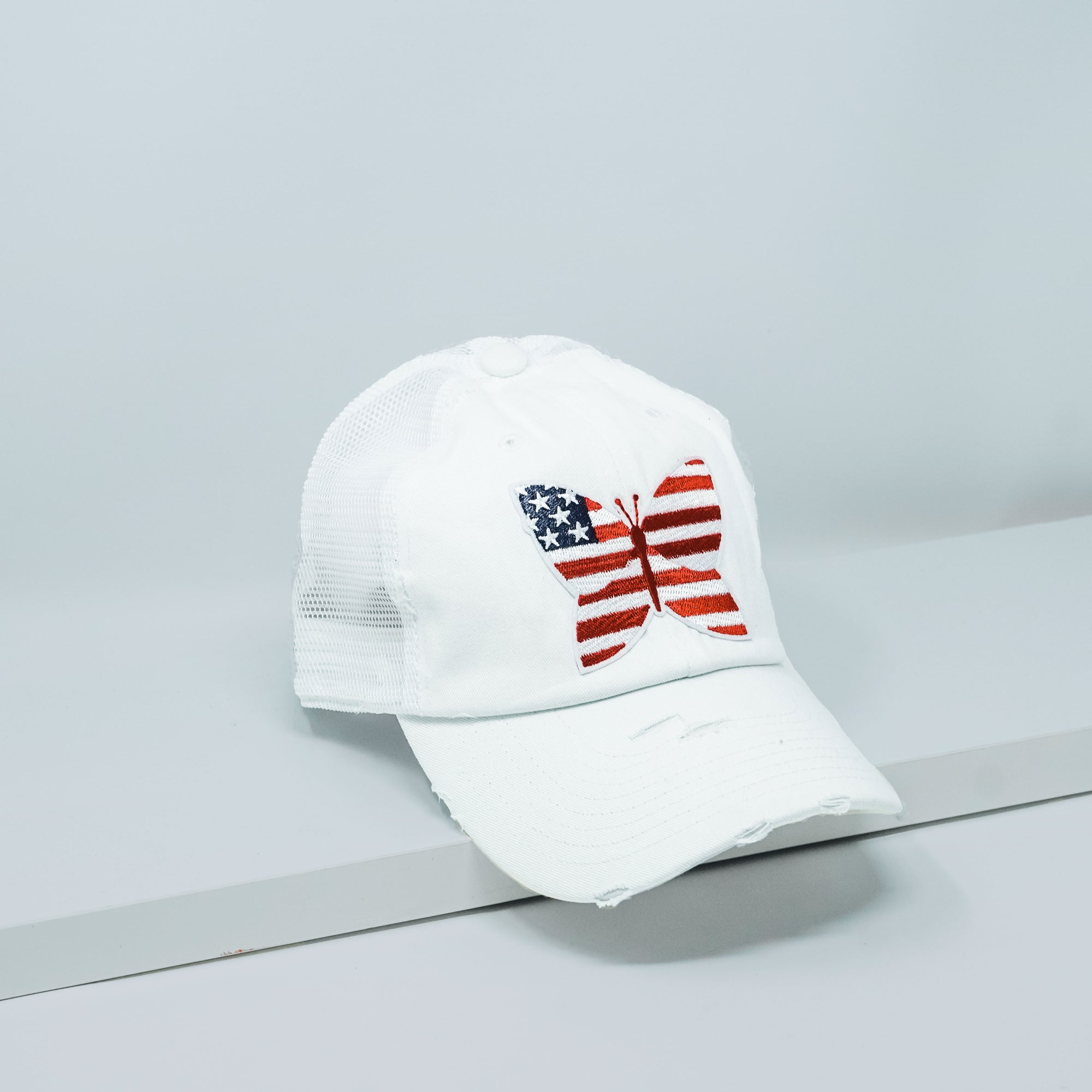 American Flag Butterfly White Trucker Hat 