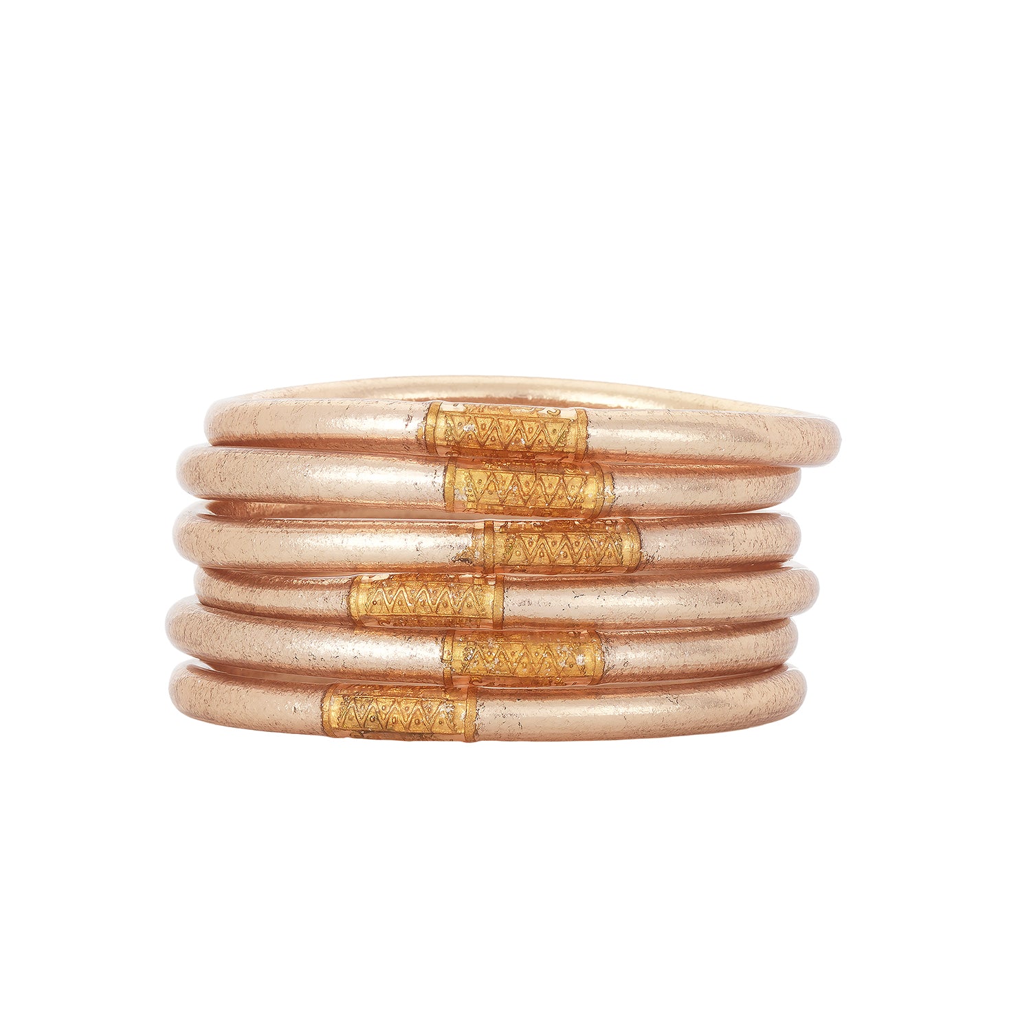 The BuDhaGirl Champagne All Weather Bangles® are here!!! Six orbs filled with divine gold leaf custom blended exclusively for BuDhaGirl. These Champagne AWB® have the same amazing qualities that have made them become the modern woman's go-to jewelry of choice... Set of 6 bangles.