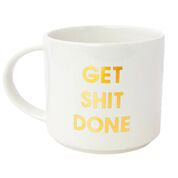 Start your day with some fun! This "Get Shit Done" gold foil imprint mug from Chez Gagne is perfect for your coffee, tea or wine.  Oversize 16oz. Ceramic Mug Gold Foil Lettering Stackable Hand Wash Only. Do Not Microwave.