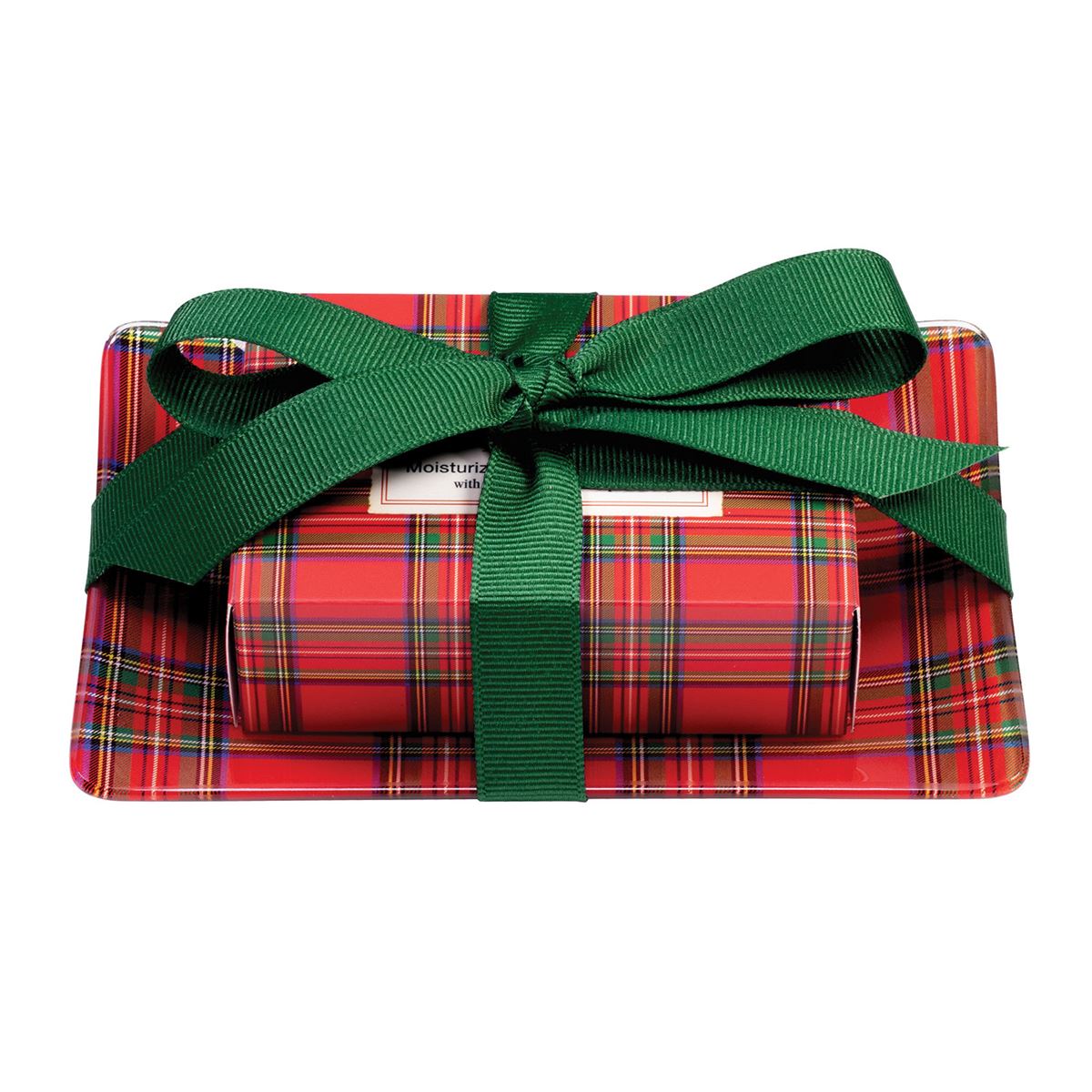 All tied up with a bow and ready to go! Our sweet gift set features a Boxed Single Soap and coordinating Glass Soap Dish fastened together with a grosgrain ribbon. No wrapping required! Soap made in England.  DETAILS: Soap Weight: e 4.5 oz. / 127 g. Rectangular Glass Soap Dish Size: 5.75 x 3.75 x .5" / 14.6 x 9.5 x 1.3 cm.  SCENT: Winter pine and snow with notes of moss and amber