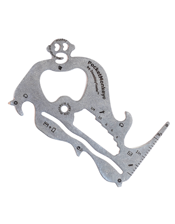 PocketMonkey® multi-tool from Zootility has 21 functions - depending on the model - and fits in your wallet, so it's always there when you need it. From opening bottles to adjusting screws, PocketMonkey multi-tool helps you conquer life's everyday tasks. And it's even TSA-compliant, so you can take it with you whenever you fly.  Made in the USA from heat-treated stainless steel, PocketMonkey multi-tool won't bend, break, or rust.