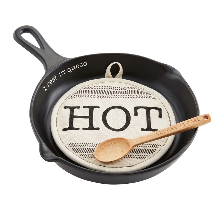 What is better for a fiesta than queso? Serve up your finest in this Queso, Skillet & Spoon 3-piece set. Glazed ceramic queso skillet arrives with grainsack pot holder and wooden spoon.