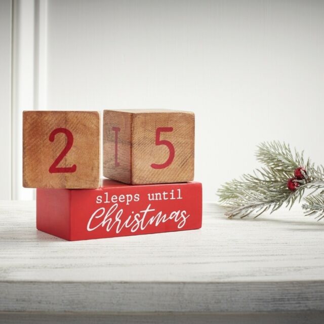 Remember when Christmas seemed to take forever to get here? Celebrate the season and anticipation of good tidings with big ones and little ones with this "sleeps until Christmas" count down block set.   3 piece set  Two printed mango wood blocks with coordinating base turn  Dimensions: 3" x 4" assembled 