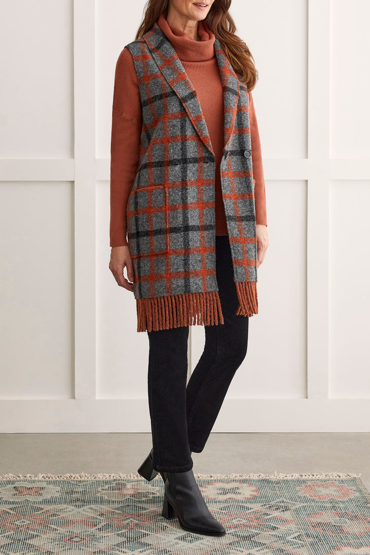 Red Grey Plaid Fringed Vest