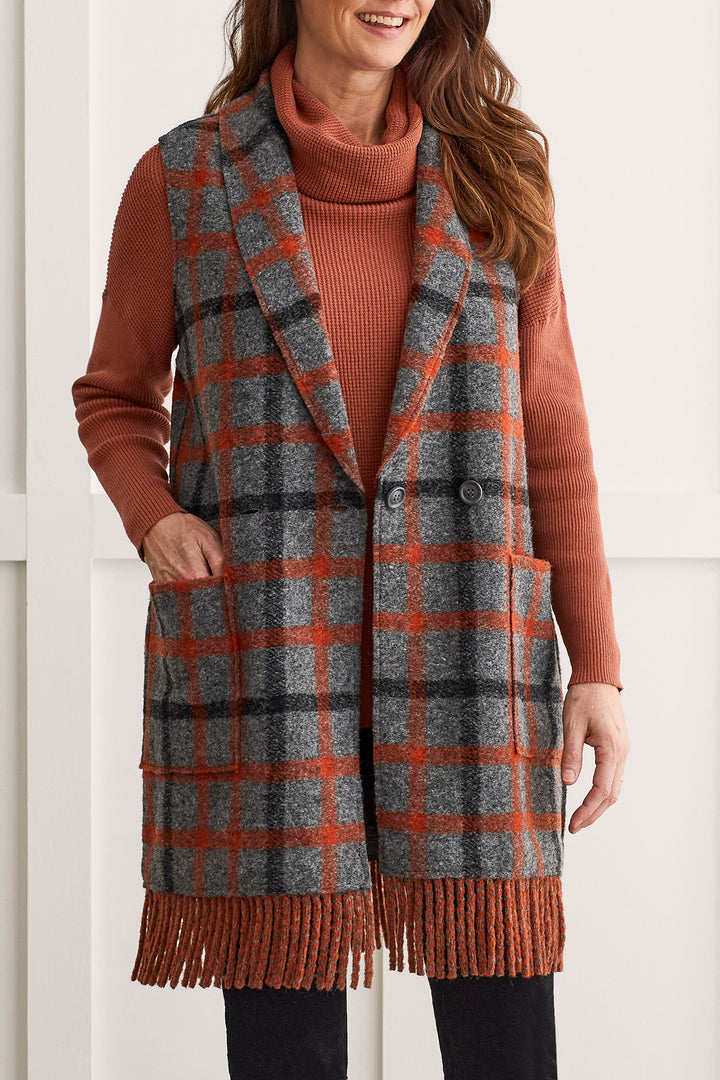 Red Grey Plaid Fringed Vest