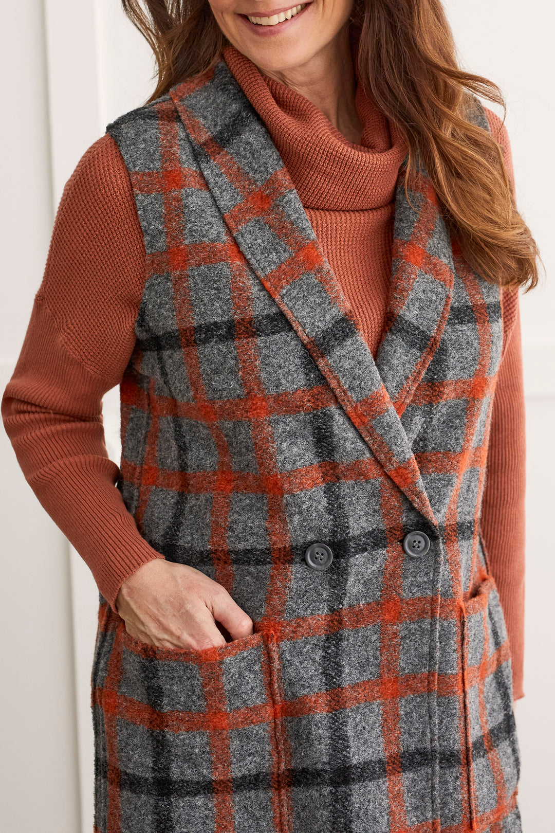 Red Grey Plaid Fringed Vest