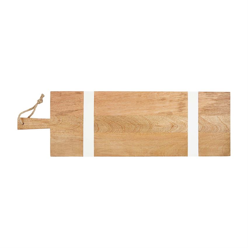Perfect for your charcuterie, serve it in style with this Paddle Style Long Wood Serving Board.  Long white-washed and natural mango wood paddle board. 26" x 8"